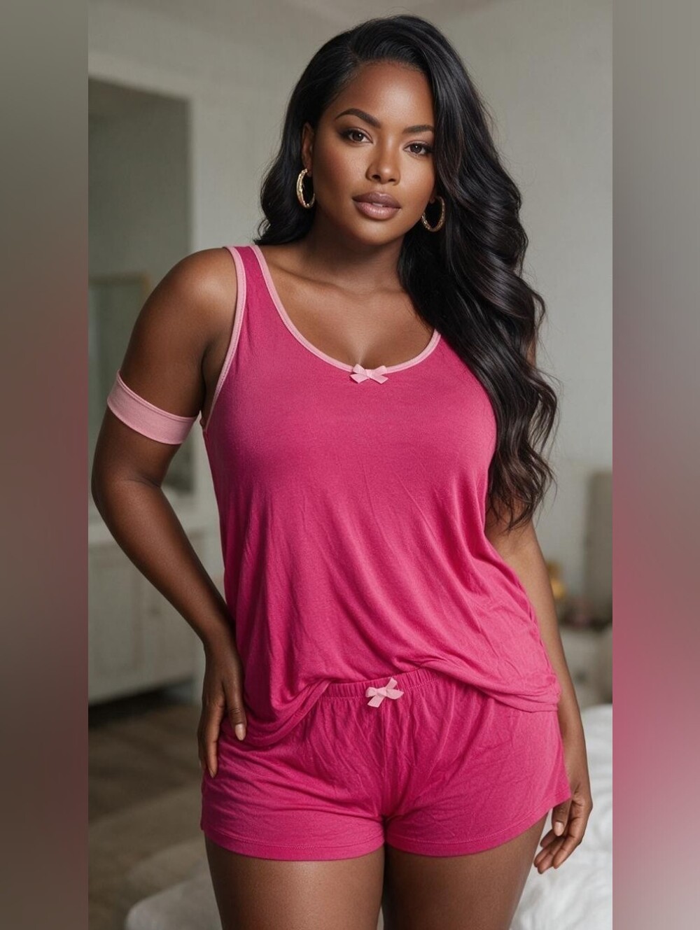 Simply Vera Vera Wang Pink Pajama Set Tank & Shorts Size L Bow Accent EUC